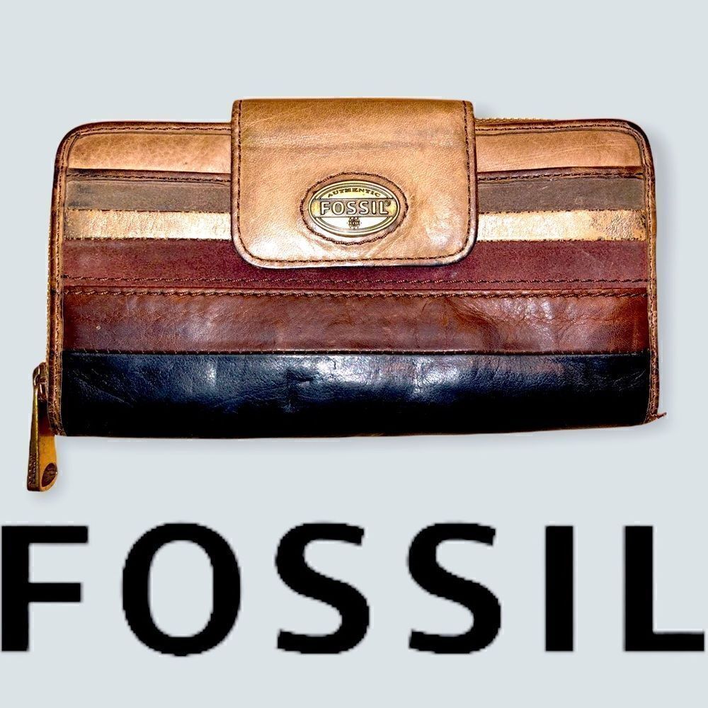 Fossil Multi Color Leather Suede Patchwork Wallet black and browns